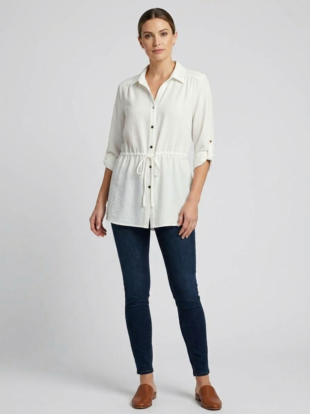 En Focus Studio Women's Button Front Roll Tab Sleeve Cinched Drawstring